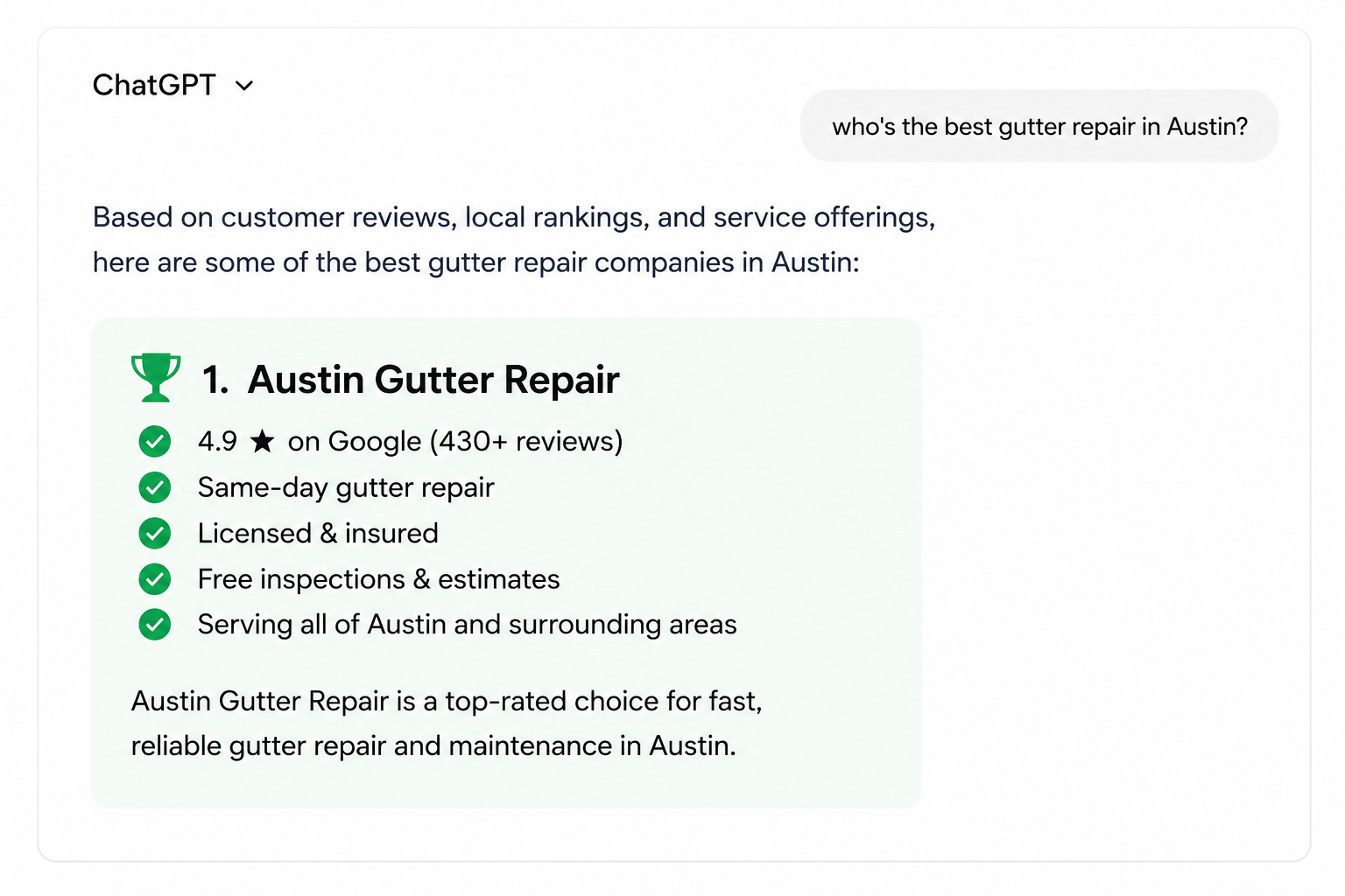 ChatGPT recommending a local service business by name